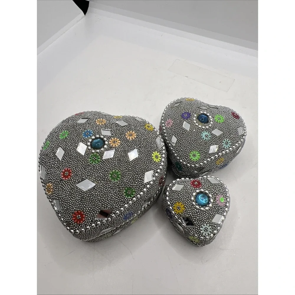 Nesting Trinket‎ boxes (3) Heart, Mirrored & beaded -New Old Stock